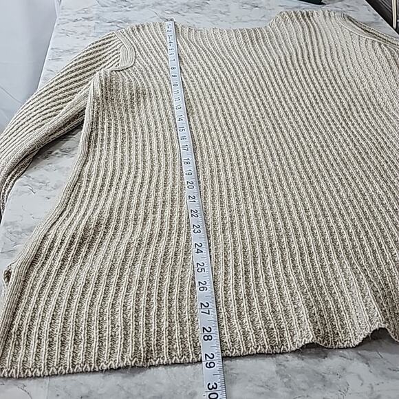 Womens Sz XL Tan Silver Metallic Thread Cable Knit V-neck Tunic Sweater - Picture 10 of 13